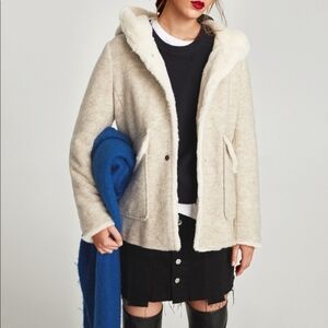 ZARA Trafaluc Wool Blend Faux Fur Hooded Jacket Cream Women's Size Medium